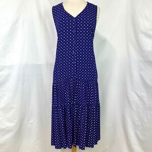 APRIL CORNELL Navy Ditsy Floral Tiered Sleeveless Midi Dress L Tie Back Cottage